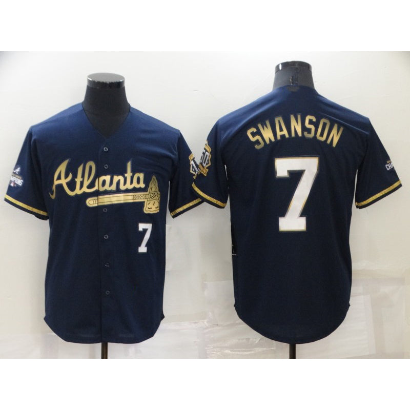 Atlanta Braves #7 Dansby Swanson Navy Blue FEDASGOGE 2021 World Series Champions Golden Edition Stitched Cool Base Jersey