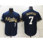 Atlanta Braves #7 Dansby Swanson Navy Blue FEDASGOGE 2021 World Series Champions Golden Edition Stitched Cool Base Jersey