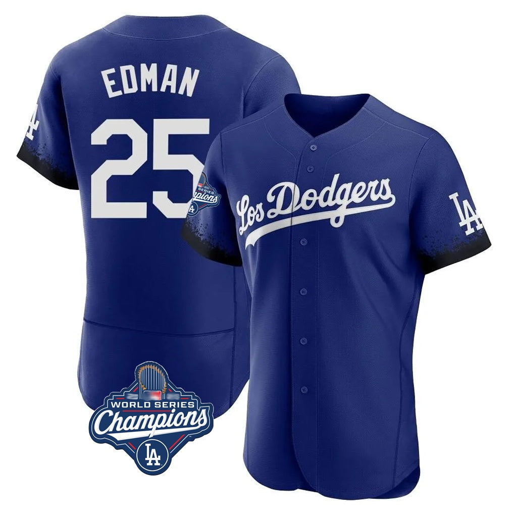 Los Angeles Dodgers #25 Tommy Edman Player Royal FEDASGOGE World Series Meet City Connect Elite Home Stitched Jerseys