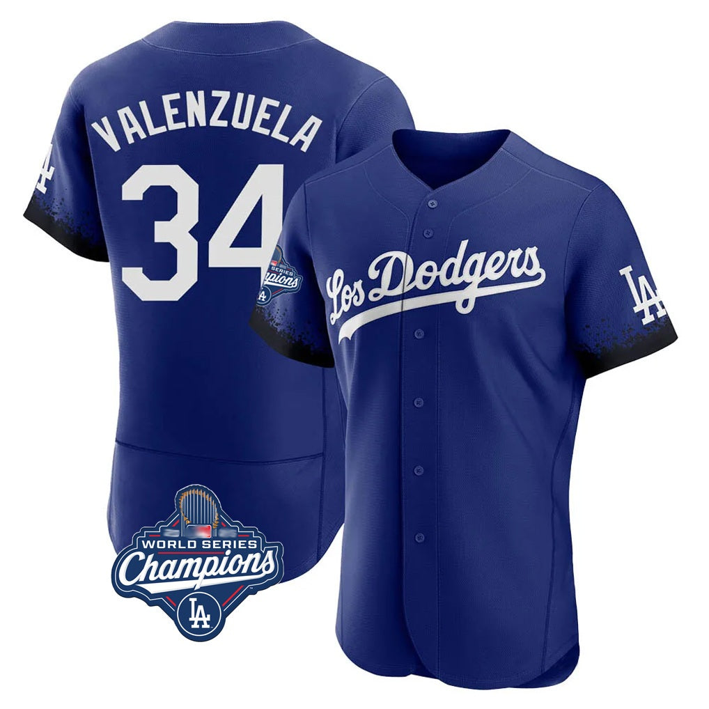 Los Angeles Dodgers #34 Fernando Valenzuela Player Royal FEDASGOGE World Series Meet City Connect Elite Home Stitched Jerseys
