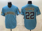 Milwaukee Brewers #22 Christian Yelich Blue FEDASGOGE With Home & Bob Uecker Patch Stitched Jersey