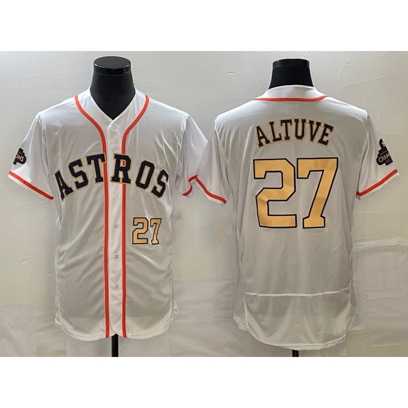 Houston Astros #27 Jose Altuve Number 2023 White FEDASGOGE Gold World Serise Champions Patch Flex Base Stitched Jersey 3