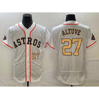 Houston Astros #27 Jose Altuve Number 2023 White FEDASGOGE Gold World Serise Champions Patch Flex Base Stitched Jersey 3