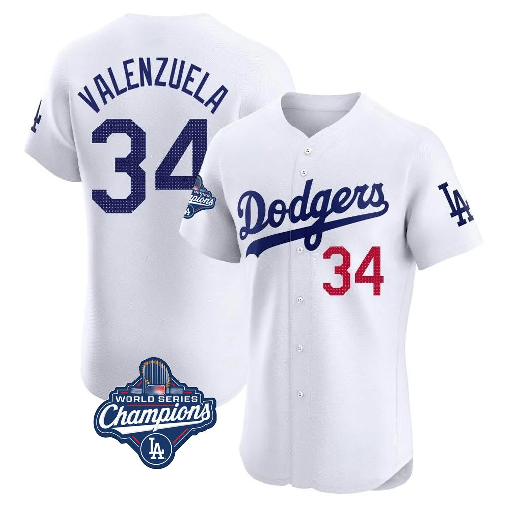 Los Angeles Dodgers #34 Fernando Valenzuela Player White FEDASGOGE World Series Meet Limited Elite Home Stitched Jerseys