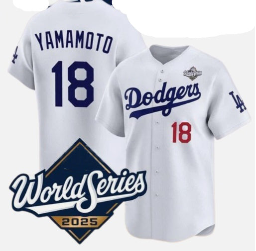 Los Angeles Dodgers #18 Yoshinobu Yamamoto White FEDASGOGE 2025 World Series Home Limited Stitched Jersey