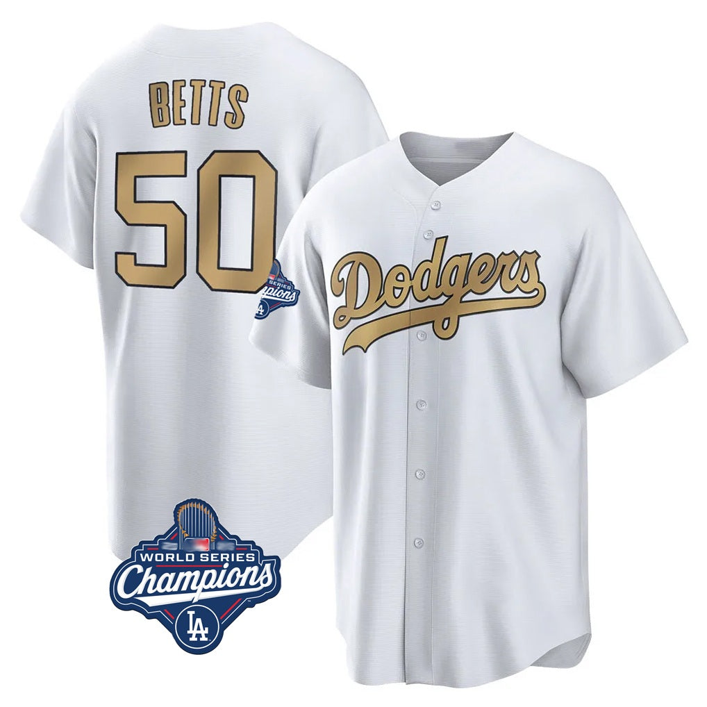 Los Angeles Dodgers #50 Mookie Betts Player White Gold FEDASGOGE World Series Meet Collection Limited Home Stitched Jerseys