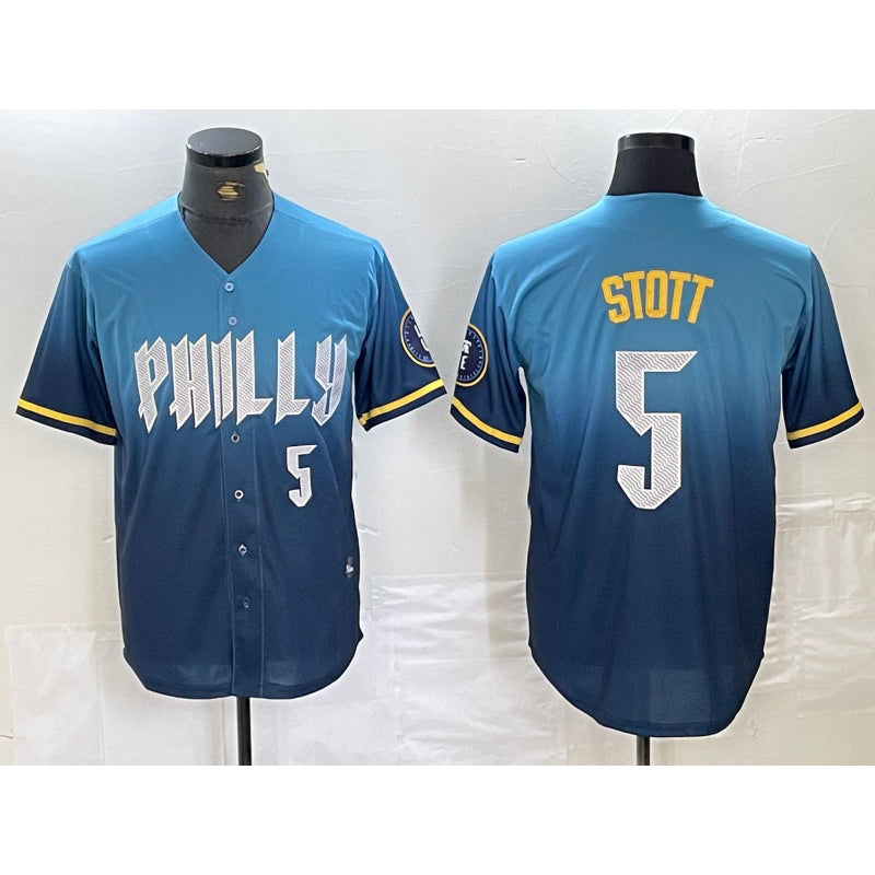 Philadelphia Phillies #5 Bryson Stott Blue FEDASGOGE 2024 City Player Number Cool Base Stitched Jersey 2