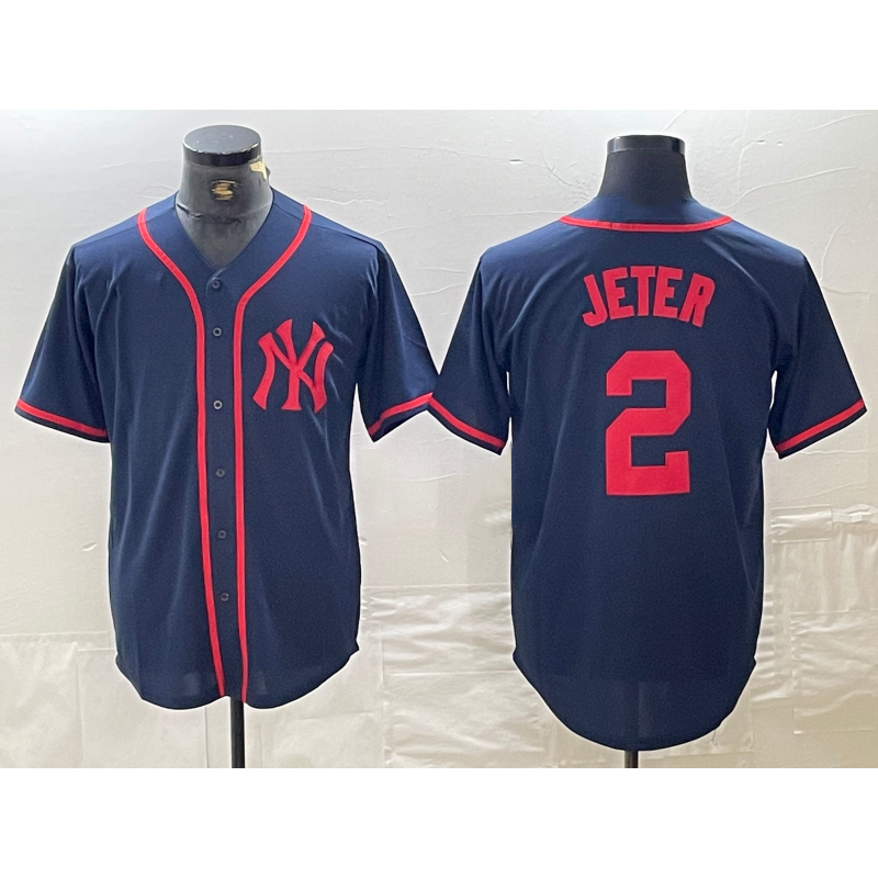 New York Yankees #2 Derek Jeter Navy Red FEDASGOGE Fashion Cool Base Jersey