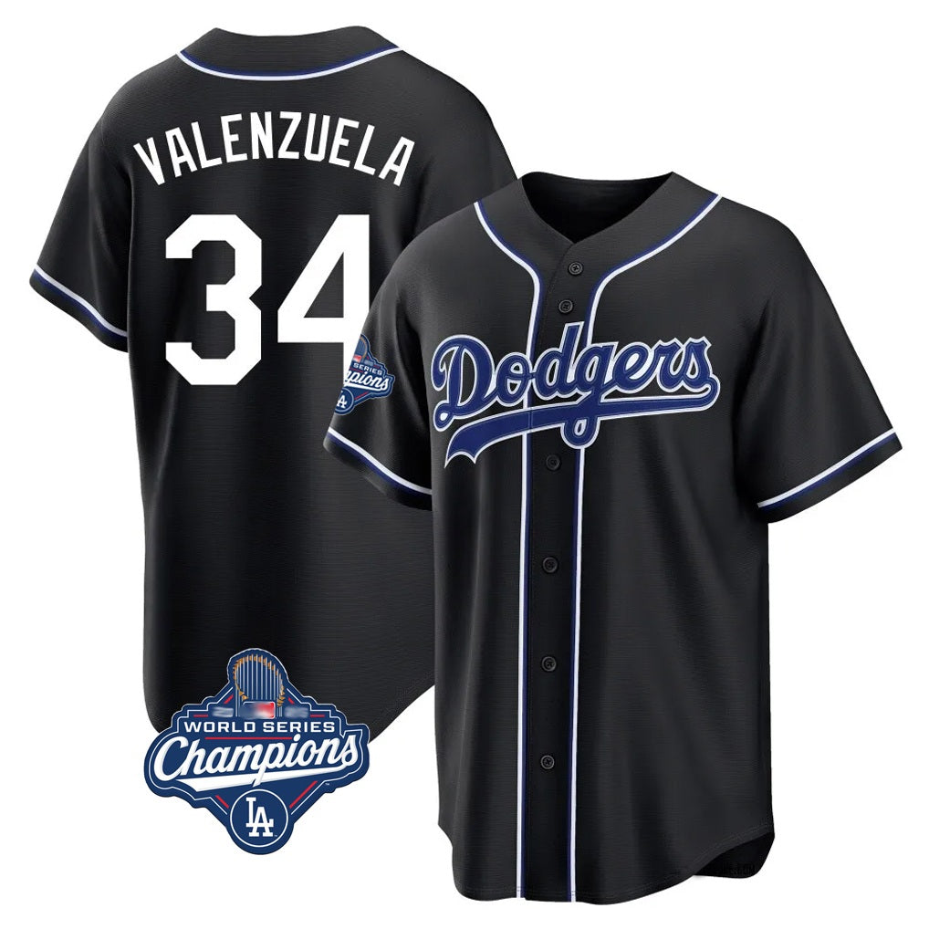 Los Angeles Dodgers #34 Fernando Valenzuela Player Black FEDASGOGE World Series Meet Carbon Limited Home Stitched Jerseys