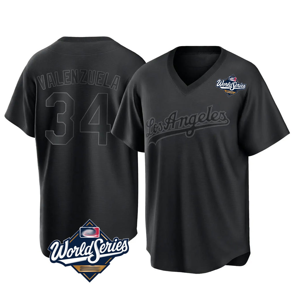 Los Angeles Dodgers #34 Fernando Valenzuela Player Black FEDASGOGE World Series Pitch Fashion T-shirt Stitched Jerseys