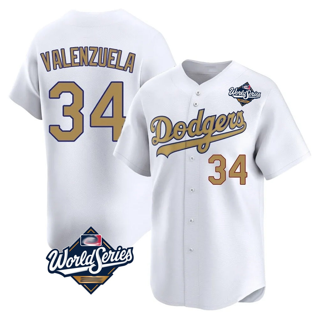 Los Angeles Dodgers #34 Fernando Valenzuela Player White Gold FEDASGOGE World Series Collection Limited Home Stitched Jerseys