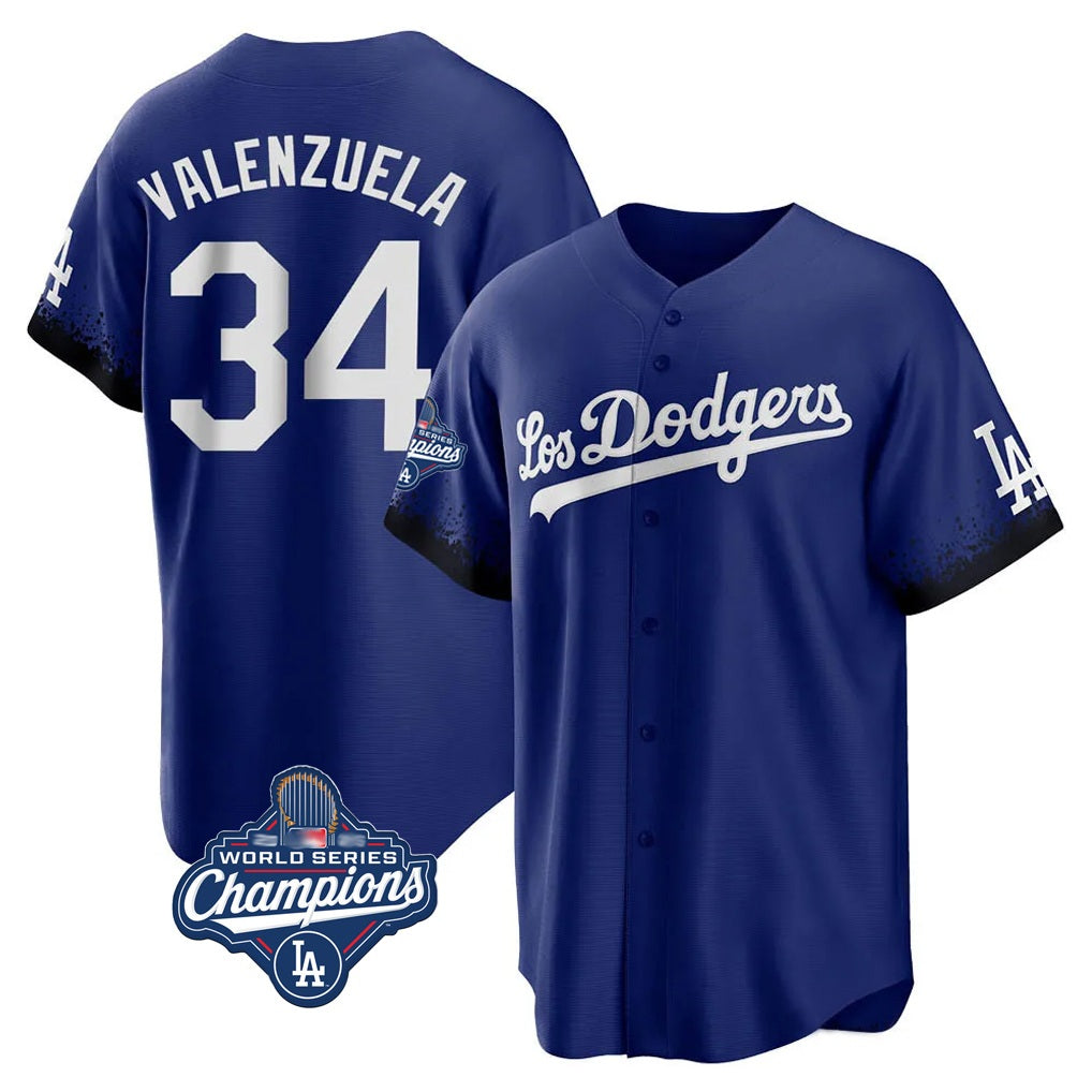Los Angeles Dodgers #34 Fernando Valenzuela Player Royal FEDASGOGE World Series Meet City Connect Home Game Stitched Jerseys