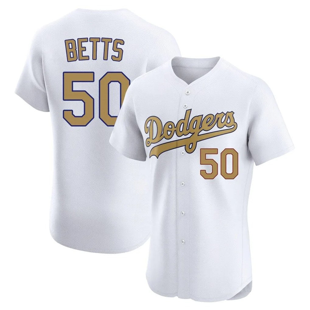 Los Angeles Dodgers #50 Mookie Betts Player Gold White Gold FEDASGOGE Limited Elite Home Stitched Jerseys