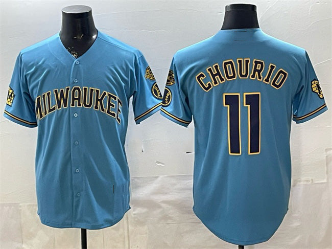 Milwaukee Brewers #11 Jackson Chourio Blue FEDASGOGE With Home & Bob Uecker Patch Stitched Jersey