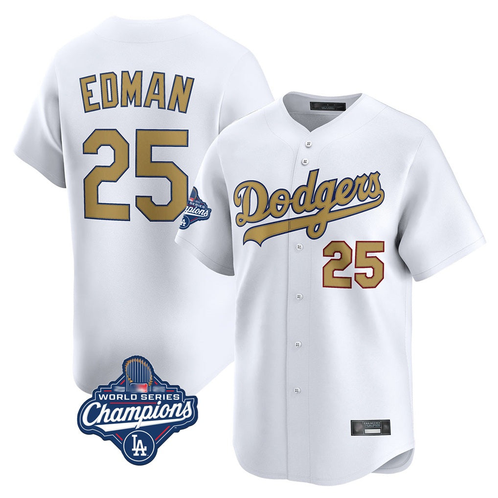Los Angeles Dodgers #25 Tommy Edman Player White Gold FEDASGOGE World Series Meet Collection Limited Home Stitched Jerseys