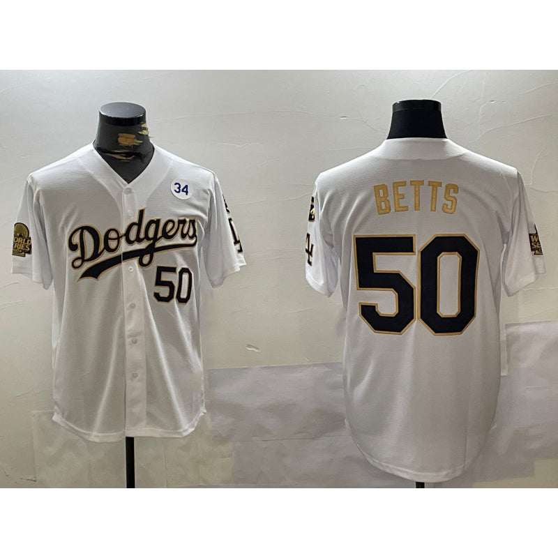 Los Angeles Dodgers #50 Mookie Betts White Gold FEDASGOGE 2024 World Series With Fernando Memorial Patch Limited Stitched Jersey2