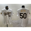 Los Angeles Dodgers #50 Mookie Betts White Gold FEDASGOGE 2024 World Series With Fernando Memorial Patch Limited Stitched Jersey2