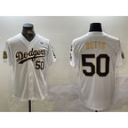 Los Angeles Dodgers #50 Mookie Betts White Gold FEDASGOGE 2024 World Series With Fernando Memorial Patch Limited Stitched Jersey2