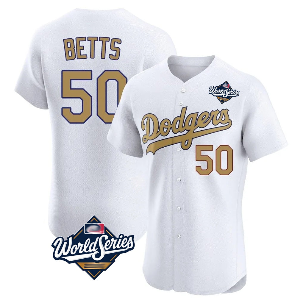 Los Angeles Dodgers #50 Mookie Betts Player White Gold FEDASGOGE World Series Limited Elite Home Stitched Jerseys