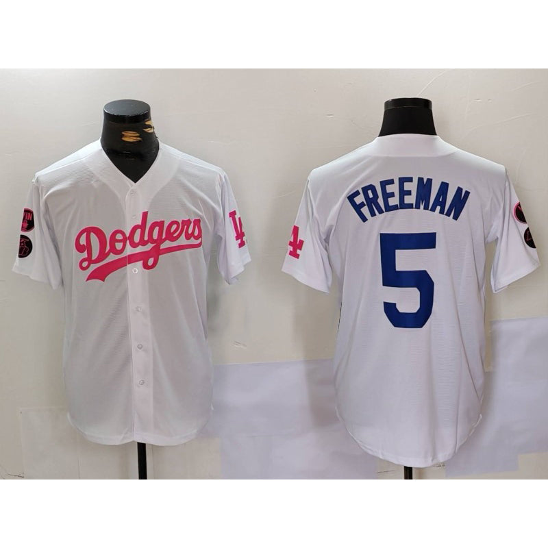 Los Angeles Dodgers #5 Freddie Freeman White Pink FEDASGOGE Vin & Kobe Patch Stitched Jersey 2