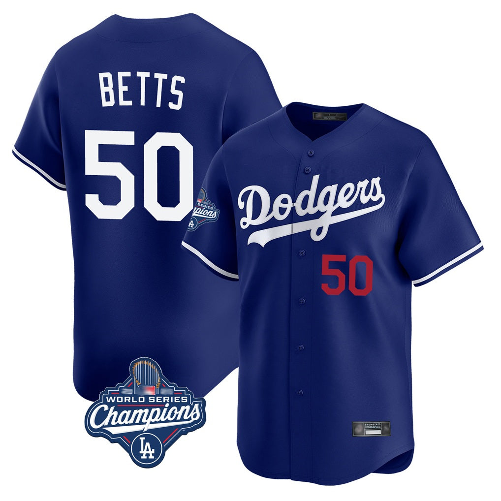Los Angeles Dodgers #50 Mookie Betts Player Royal FEDASGOGE World Series Meet Limited Home Stitched Jerseys