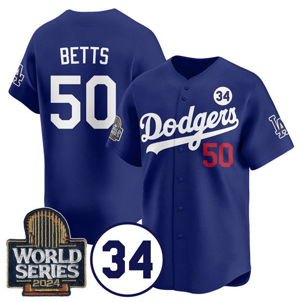 Los Angeles Dodgers #50 Mookie Betts Royal FEDASGOGE 2024 World Series With No. 34 Patch Cool Base Stitched Jersey