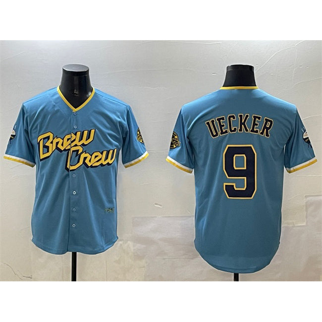 Milwaukee Brewers #9 Bob Uecker Powder Blue FEDASGOGE City Connect With Patch Cool Base Stitched Jersey
