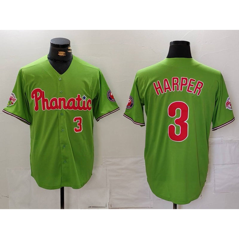 Philadelphia Phillies #3 Bryce Harper Number Green FEDASGOGE With Patch Stitched Cool Base Jersey