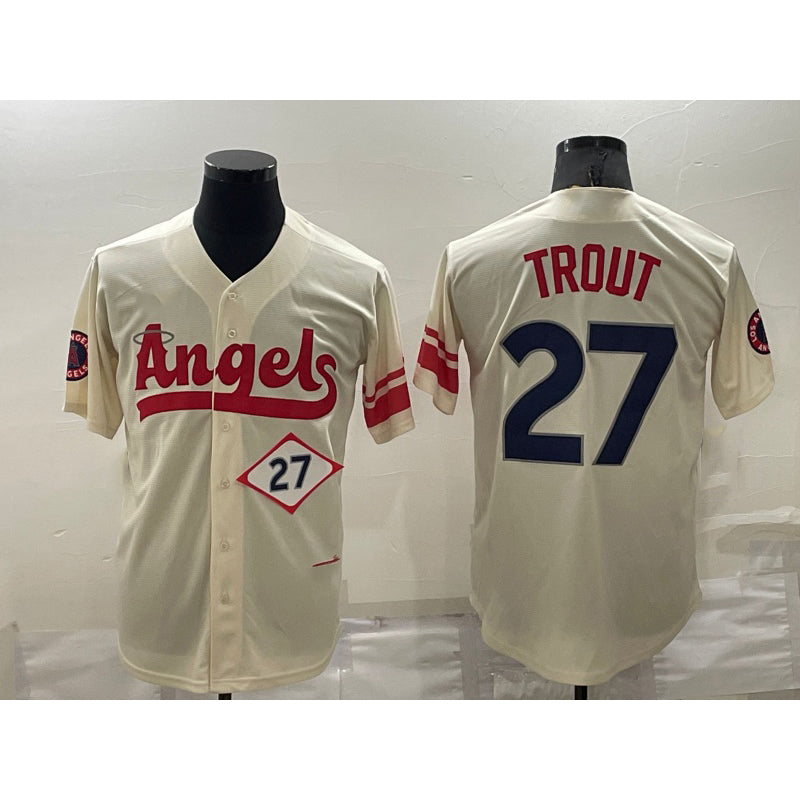 Los Angeles Angels #27 Mike Trout Number Cream FEDASGOGE 2022 City Connect Cool Base Stitched Jersey