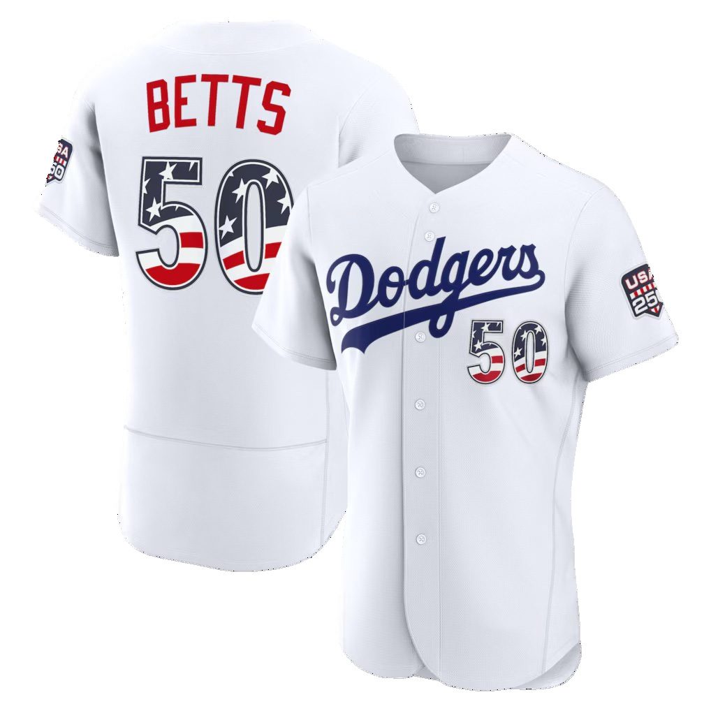Los Angeles Dodgers #50 Mookie Betts Fourth of July White FEDASGOGE USA 250 Authentic Jersey