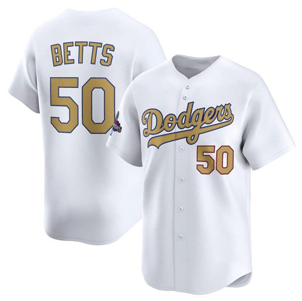 Los Angeles Dodgers #50 Mookie Betts White FEDASGOGE 2025 Gold Collection Limited Stitched Jersey