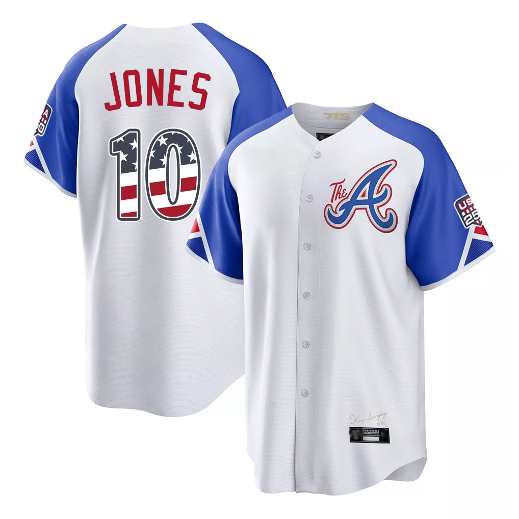 Atlanta Braves #10 Chipper Jones Player White FEDASGOGE USA 250 Fourth Of July City Connect Home Game Stitched Jerseys