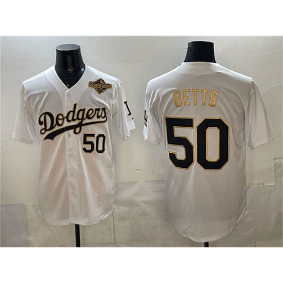 Los Angeles Dodgers #50 Mookie Betts White Gold FEDASGOGE 2025 World Series Patch Limited Stitched Jersey