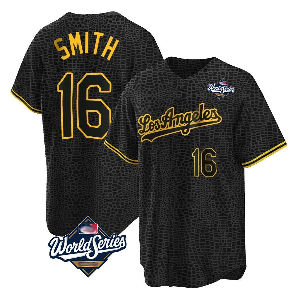 Los Angeles Dodgers #16 Will Smith Player Black FEDASGOGE World Series Snake Skin City Game Home Stitched Jerseys