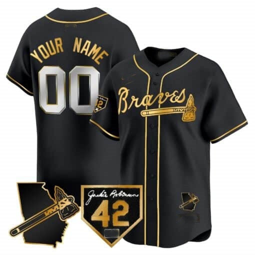 Custom Atlanta Braves 2024 Robinson & Georgia Patch Vapor Premier Limited Jersey ¨C Black Gold FEDASGOGE
