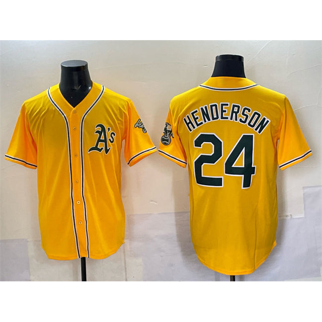 Oakland Athletics #24 Rickey Henderson Yellow FEDASGOGE With Patch Stitched Baseball Jersey