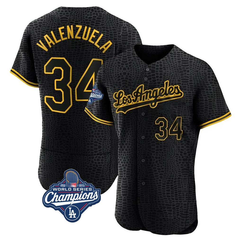 Los Angeles Dodgers #34 Fernando Valenzuela Player Black FEDASGOGE World Series Meet Snake Skin City Limited Elite Home Stitched Jerseys