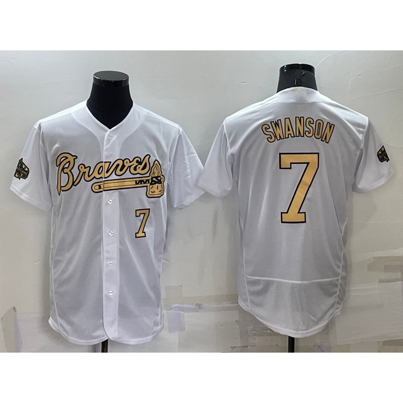 Atlanta Braves #7 Dansby Swanson White FEDASGOGE Number 2022 All Star Stitched Flex Base Jersey
