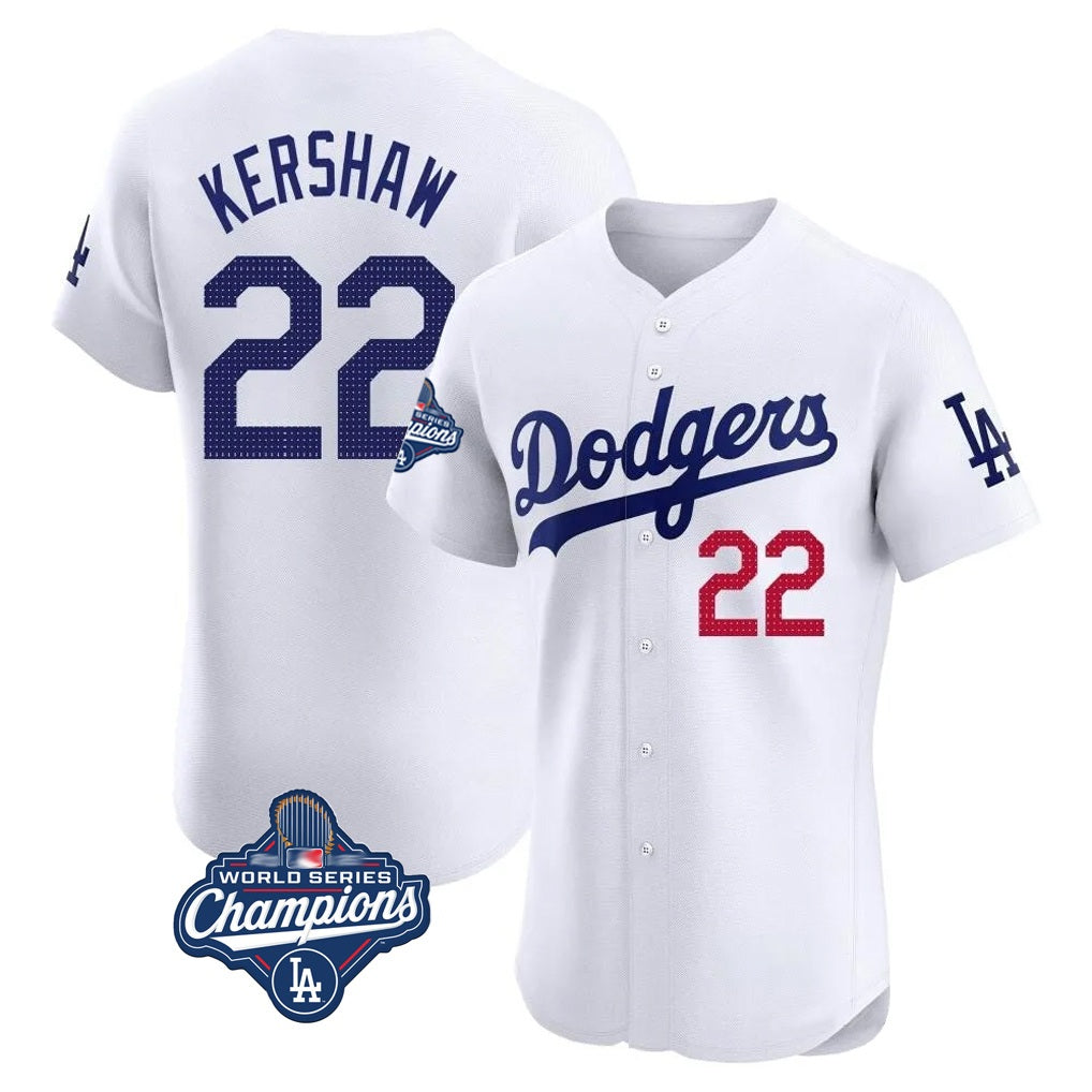 Los Angeles Dodgers #22 Clayton Kershaw Player White FEDASGOGE World Series Meet Limited Elite Stitched Jerseys