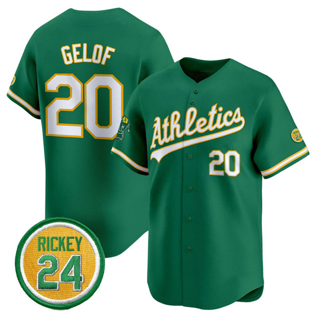 Oakland Athletics #20 Zack Gelof Green FEDASGOGE 2024 Limited With Rickey Henderson Patch Stitched Jersey