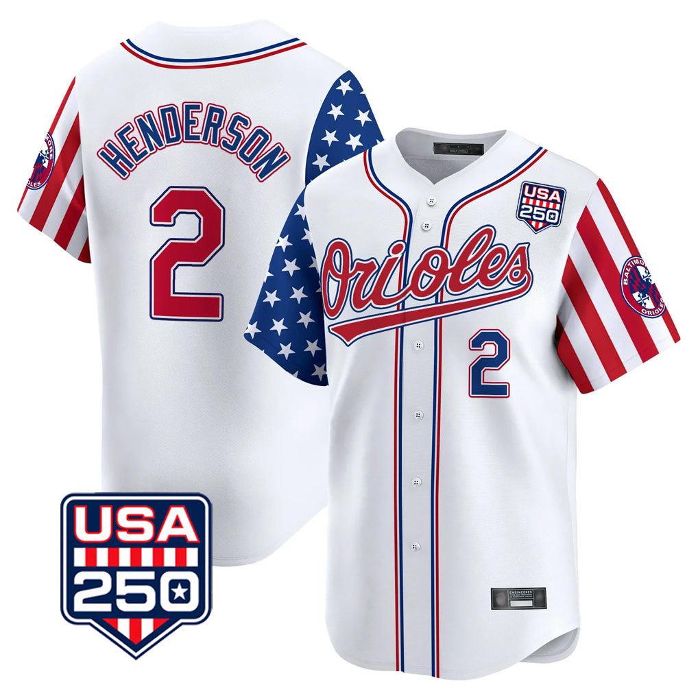Baltimore Orioles #2 Gunnar Henderson Player White FEDASGOGE USA 250 Independence Day Vapor Premier Home Game Stitched Jerseys