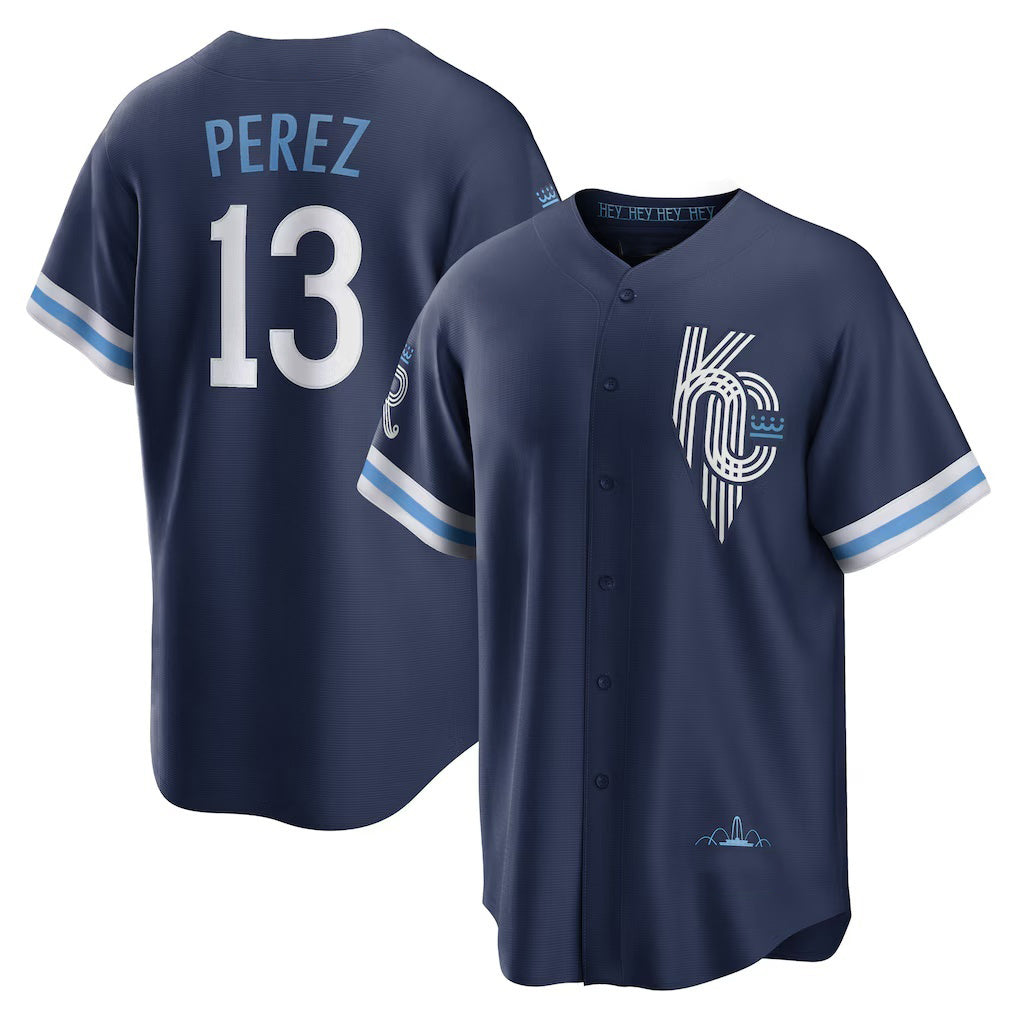 Kansas City Royals #13 Salvador Perez Navy FEDASGOGE City Connect Replica Player Jersey