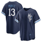 Kansas City Royals #13 Salvador Perez Navy FEDASGOGE City Connect Replica Player Jersey