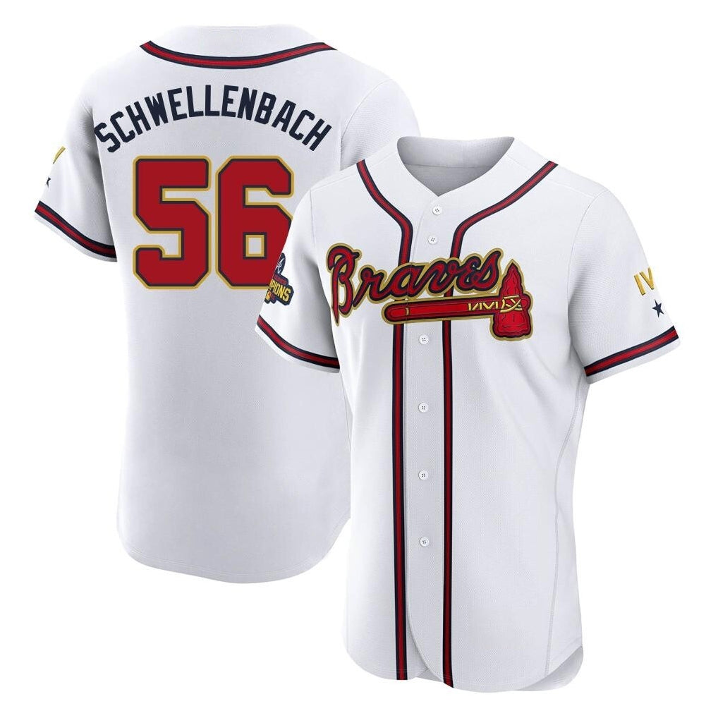Atlanta Braves #56 Spencer Schwellenbach Player White Gold FEDASGOGE Limited Elite Home Game Stitched Jerseys