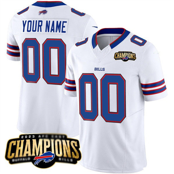 Custom B.Bills Active Player White FEDASGOGE 2023 F.U.S.E. AFC East Champions Ptach Stitched Jersey