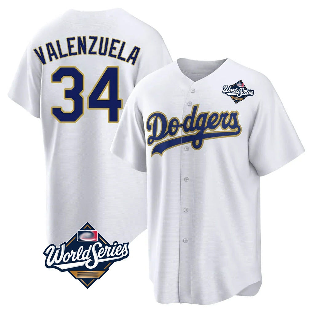 Los Angeles Dodgers #34 Fernando Valenzuela Player Gold White FEDASGOGE World Series 2026 Collection Stadium Game Stitched Jerseys
