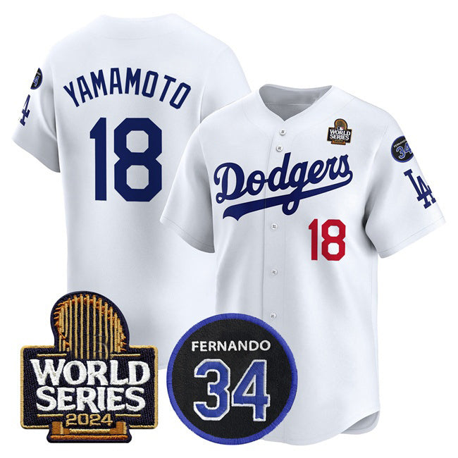 Los Angeles Dodgers #18 Yoshinobu Yamamoto White FEDASGOGE 2024 World Series With Fernando Memorial Patch Limited Stitched Jersey