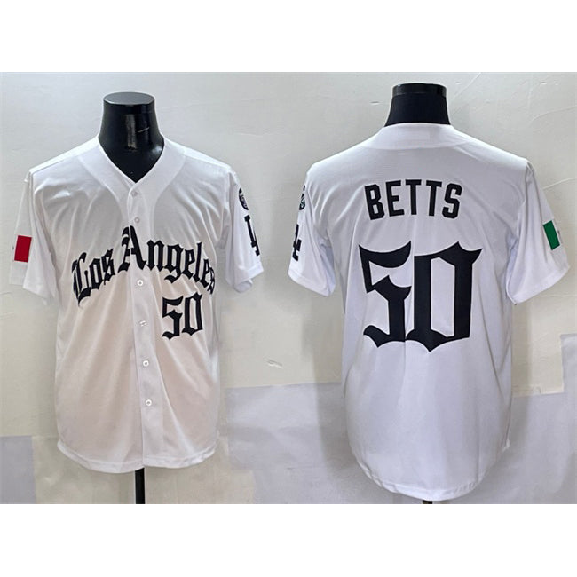 Los Angeles Dodgers #50 Mookie Betts White FEDASGOGE Mexico 2025 LA Gothic Style With Fernando Patch Vapor Premier Limited Stitched Jersey