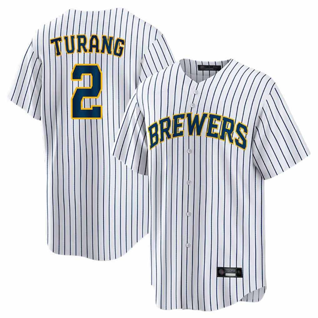 Milwaukee Brewers #2 Brice Turang Player White FEDASGOGE Stripes Home Game Stitched Jerseys