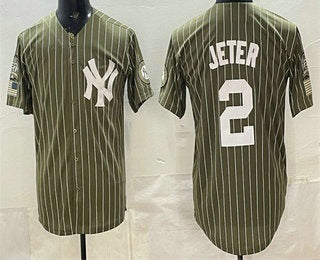 New York Yankees #2 Derek Jeter Olive FEDASGOGE Pinstripe 2026 Armed Forces Day Salute To Service Jersey